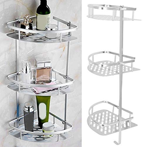 Culnflun Mensola per Doccia, mensola per Doccia ad Angolo a 3 Livelli in Alluminio Argento, scaffale per Montaggio a Parete, WC, Cucina, Spazio per Il Bagno
