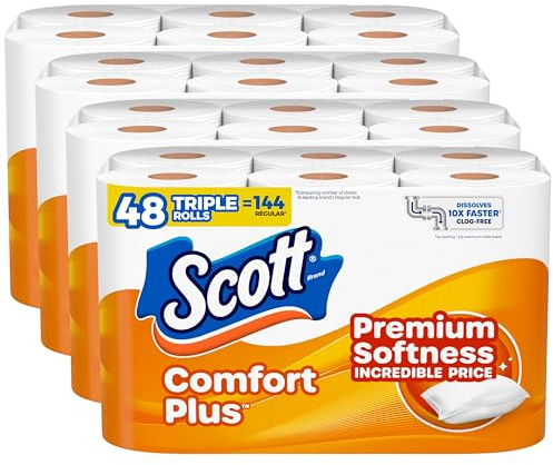 Scott ComfortPlus Toilet Paper, 48 Triple Rolls, 231 Sheets per Roll, Septic-Safe, 1-Ply Toilet Tissue