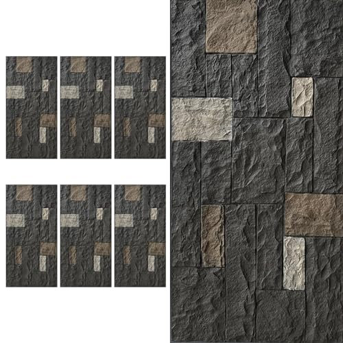 Lot de 6 panneaux muraux en pierre PU noire pour intérieur et extérieur, panneaux décoratifs pour porche, garage, panneaux de roche artificielle 3D.