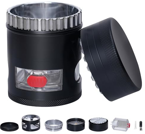 TIRIRS 5-Layer Toothless Herb Grinder - 2,5 Zoll Premium Aluminium Gewürzmühle mit unabhängiger Aufbewahrungsbox, Nano-Keramik-Beschichtung, Inklusive Pollenfänger & Reinigungsbürste, Schwarz