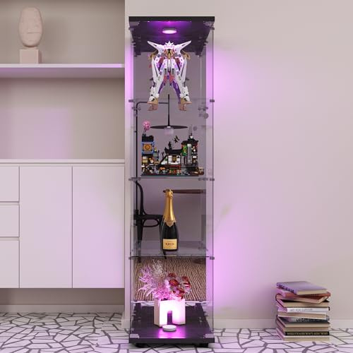 PerGar Glasvitrine mit LED Beleuchtung und Glastüren, Glasvitrine Stehend, 4 Lagen Glas Vitrine Sammlervitrine Vitrinenschrank, für Wohnzimmer, Bücher, Spielzimmer, Schwarz, 164x42.5x36.5cm