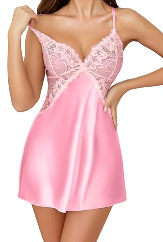 Lovasy Babydoll Lingerie for Women Satin Silk Nighties Nightdress - Sizes: 6-24,Pink,M