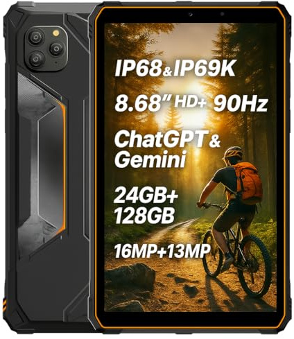 Blackview Active 5 IA Tablette Téléphone Incassable, 8.68 HD+ Écran 90Hz, 3 Modèles IA, IP68/IP69K Étanche Android 15, 24Go+128Go, Double SIM 4G LTE, 16MP+13MP, GPS WiFi Empreinte Digitale Orange