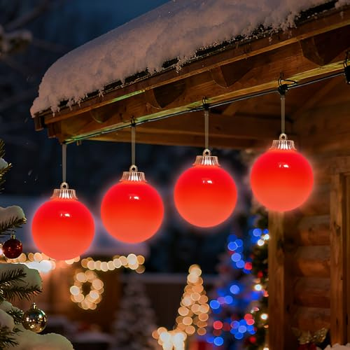 Lanpn 4 Pcs 12.5cm Outdoor LED Baubles, Large Christmas Battery Powered Ball Lights, Xmas Tree Sphere Bulb Decor with Dark Sensor, Christmas Lighted Ornaments for Lawn Garden Yard Patio, Red