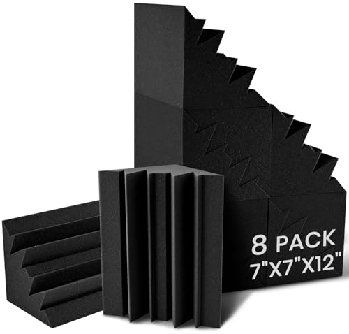 Focusound 8 Pack Bass Traps Corner Acoustic Foam, 7 X 7 X 12 Low Frequency Sound Absorbing Panel, High Density Soundproofing Studio Foam for Home Theater Studio