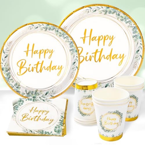 Kit Vaisselle Jetable Anniversaire Verte - 96 Pièces Assiette Jetable Joyeux Anniversaire Vert Sauge, Assiettes Tasses Serviettes pour Decoration D'anniversaire Garçons Filles Femme Fête (24 Invités)