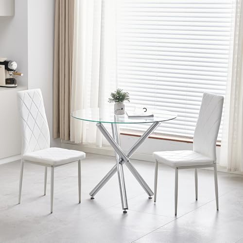 Homullel Runder Esstisch mit 2 Essstühlen, Essgruppe mit 2 Stühlen, Glas Esstisch Rund Glastisch 90 cm (Flanell Weiß #2, 90cm Glastisch mit 2 Sitze)