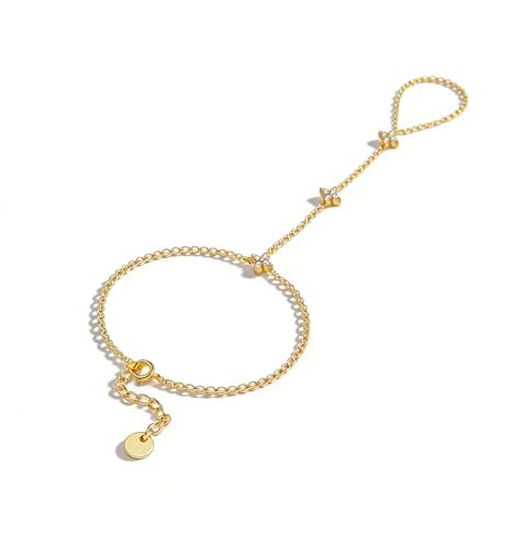 TIHNY Cadena de Mano y Anillo para Mujer, Joyería de Mano Oro con Strass Brillante, Ajustable - Pulsera de eslabones Elegante