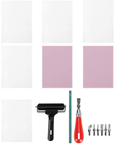 Rubber Carving Kit for Stamp Making, Wireless Printmaking Art Craft Set with 6 Cutter Tools, Diamond Roller, and 2 Premium Rubber Blocks for DIY Engraving on Soft Media