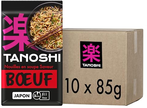 TANOSHI - Sachet Bœuf - Nouilles Instantanées Japonaises - 10 x 85 g | Prêt en 4 Min - 1 personne