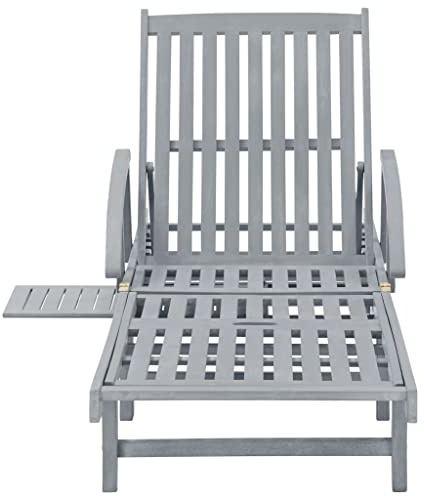 Sdraio in legno di acacia grigio con schienale regolabile, seduta sagomata e braccioli larghi, facile da spostare, con 2 ruote, per giardino, patio, piscina
