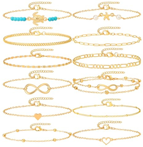 Starain 12Pcs Summer Beach Anklets for Women Waterproof Gold Silver Chain Ankle Bracelets Cute Women's Foot Anklet Set 7.9-10.5 inch Adjustable