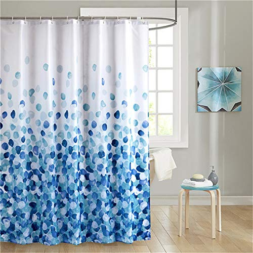 Duschvorhang Blau 180x200 cm Polyester Stoff Schimmelresistent Wasserdicht Maschinenwaschbar Lang Badezimmer Badewanne Vorhänge mit 12 Duschvorhangringe Plastik Haken, Blütenblätter Blumen Muster