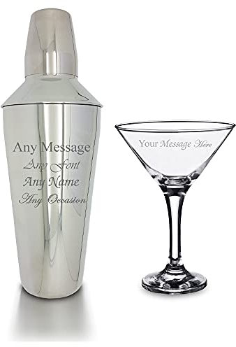 Personalised Engraved Cocktail Shaker with Strainer and Martini Glass, Perfect for Any Cocktail Lover, Great for Any Occasion