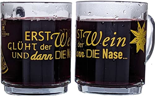 Glasveredlung Schmitz Glühweinbecher Glühweintasse 27 cl, schwere Ausführung 320 g, stapelbar, gehärtet, Füllstrich 0,2 l, Dekor Glühnase, 4 Stück