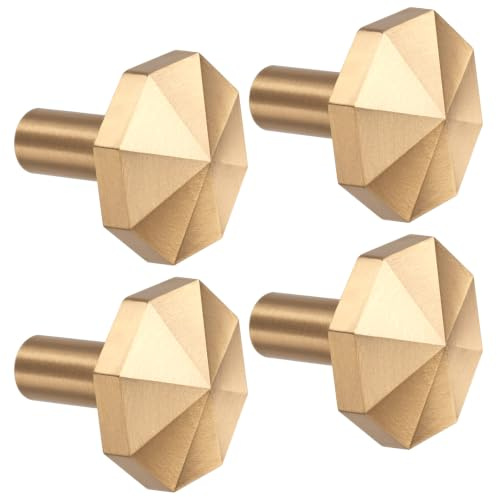 4er Pack, Gold Dekorative Wandhaken aus Gebürstetem Messinghaken, 32 mm x 33 mm, für Badezimmer, Bekleidungsgeschäft, Hotel, Café, Hut, Kleiderhaken Handtuchhaken Kleiderbügel Wand Montiert (Achteck)