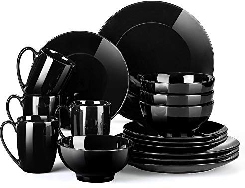 LOVECASA, Series Sweet, Porcelain Round Dinner Set, Black, 16 Pieces, Kitchen Tableware, Dining Tableware, Ceramic Dinnerware Set with 4 Pieces Dinner Plates, Dessert Plates, Bowls and Mugs, Service