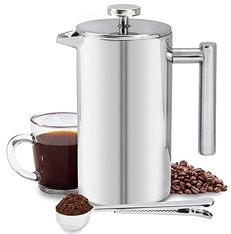 LTLWSH Cafetière À Piston Français Presse en Acier Inoxydable, avec Filtres À Café, Double Parois Incassable, Cuillère À Café-S, Presse Française INCL. Filtres De Rechange,1000ml
