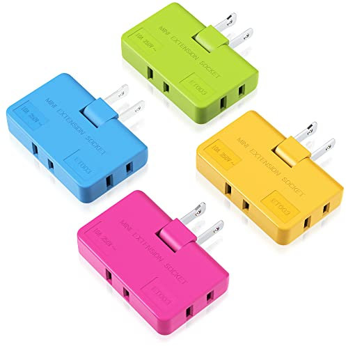 ETwinCoo 3 Way Flat Wall Outlet Extender AC Adapter - 2 Prong Flat Wall Plug, Adjustable Rotatable Mini Socket (Quick & Safe) Perfect for Home and Travel, Type A, Multiple Color (4 Pack)