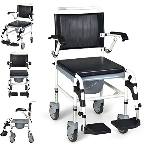 GYMAX 4-in-1 Bedside Commode, Shower Chair with Lockable Wheels, Height Adjustable Rolling Toilet Chair with Detachable Bucket, Portable Handicap Transport Wheelchair for Adult, Disabled, Elderly