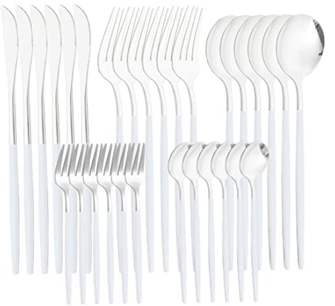 Coutellerie 30 pièces Acier inoxydable Couverts de table Couteaux Fourchettes Cuillères Service pour 5 personnes (Blanc/Argent)
