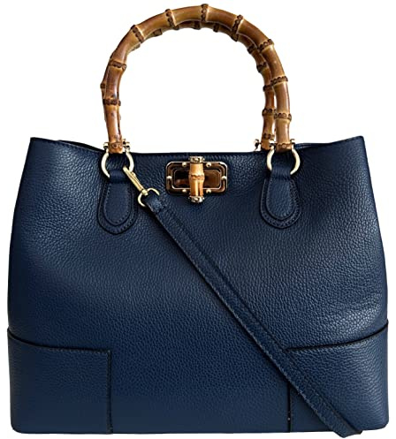 Modarno Woman Handbag for Women in Genuine Leather with handle in real bamboo/Elegant and Minimal/Luxury Bag, blue, Large