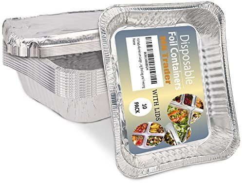 MN Trader (10-Pack with Lids Aluminium Large Foil Trays 32 x 26 cm, Takeaway Foil Food Containers for Cooking Food Storage BBQ, Baking Trays Perfect for Roasting Baking Broiling and Freezing