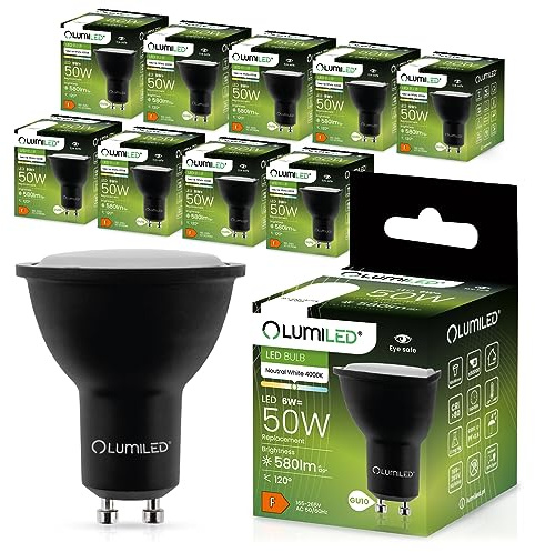 Lumiled LED GU10 Lampe 6W 580lm Neutralweiß 4000K ersetzt 50W Reflektor Spot Schwarz 120° Abstrahlwinkel Nicht dimmbar 10er Pack Leuchtmittel für Wohnzimmer Küche Flur Hotel Büro