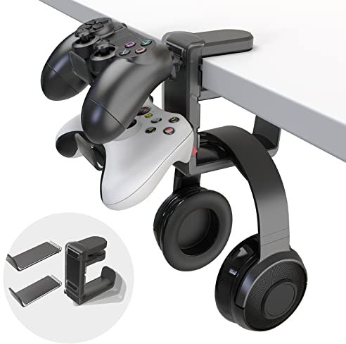 3-in-1 Headset&Controller Holder-Rotatable Gaming Accessories Headphone Holder with Clamp & Detachable Holder for Controller & Cable Organizer, PC Gaming Accessory Controller Headset Stand, Black
