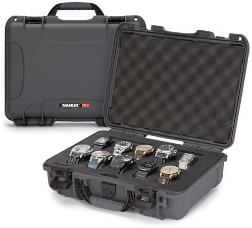 NANUK 910 - Maleta de Cabina Impermeable para Relojes, 10 Compartimentos, Resistente a Golpes y Polvo, Interior de Espuma Premium (36,3 × 28,2 × 12 cm) (Grafito)