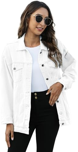 Omoone Giacca da motociclista oversize da donna in denim medio lungo, bianco, Small