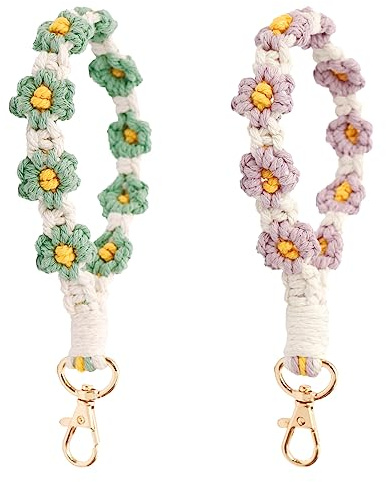 Makramee-Armband, Schlüsselanhänger, gewebtes Gänseblümchen-Design, handgefertigt, Boho-Seil, Handyhalter für Damen und Mädchen, Grün + Violett, 15 cm