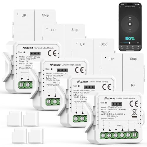 Maxcio Interruttore Tapparelle WIFI con telecomando RF, Relè per Modulo Tapparelle con Funzione Percentuale, Timer, Controllo Voce e Tramite App, Compatibile Con Alexa/Google Home, Smart Life, 4 Packs