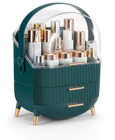 SIOOUI Organiseur de Maquillage avec Couvercle Anti-poussière, poignée Portable, boîte de Maquillage étanche pour comptoir de Salle de Bain, Commode de Salle de Bain-Vert foncé