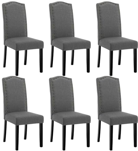 WOLTU 6er Set Esszimmerstühle, Küchenstuhl mit hoher Rückenlehne, Polsterstuhl, Wohnzimmerstuhl, Design Stuhl, mit Massivholzbeinen, gepolstert, Leinen, Dunkelgrau, BH386dgr-6