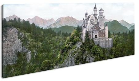 Leinwandbild Einladende Burg Neuschwanstein, prachtvoll und beeindruckend Panorama Format: 120x60 cm XXL Kunstdruck Bild auf Keilrahmen/Wandbild/Wohnzimmer Deko