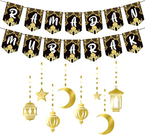 Ramadan Deko,Ramadan Mubarak Banner und Gold Stern Mond Laterne Girlande Dekorationen Satz,Eid Mubarak Dekoration Hängender Anhänger für Muslimische Islamische Ramadan Kareem Party Dekor(Ramadan Satz)