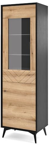 Lomadox Vitrine Vitrinenschrank Standvitrine Glasvitrine Glastüre schwarz mit Eiche Metallfüße 54x178x39 cm