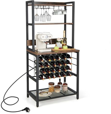 COSTWAY Mobile Bar Vino con 4 Ripiani, Porte USB e Prese | Portabottiglie Industriale con Porta Calici e Struttura in Metallo, 75,5 x 48 x 163 cm