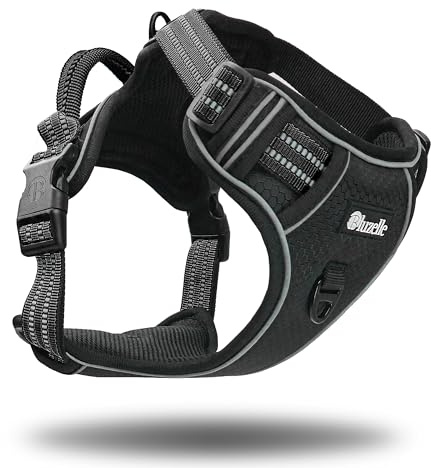bluzelle Hundegeschirr für mittelgroße Hunde, Reflektierendes Brustgeschirr mit Griff & Tasche für GPS Tracker, Anti-Zug Hundeweste Hund-Warnweste, Atmungsaktiv Reflektor-Gurte, M, Schwarz