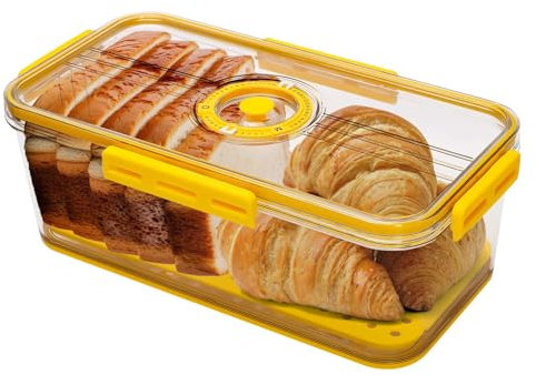 Tefola Boîte à Pain avec Couvercle et Minuteur, Récipient de Rangement en Verre Hermétiques Transparent, pour Conservation de Aliments, Viennoiseries, Pains, Biscuits et Gâteaux, Sans BPA(Jaune)