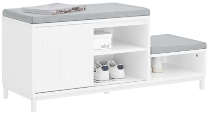 SoBuy Banco Zapatero con 2 Estantes y 1 Puerta Corredera Banco de 2 Niveles con Cojín Acolchado de Asiento 100 x 35 x 45 cm Blanco FSR166-W ES
