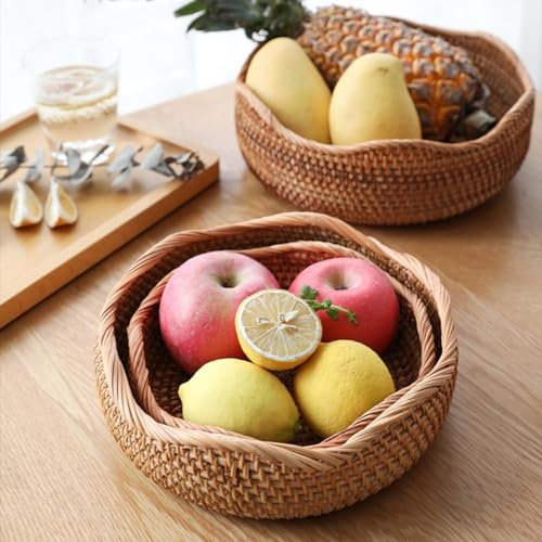 Corbeille à fruits ronde en rotin tissé à la main, panier de rangement pour petit déjeuner, pique-nique, pain, pour petit déjeuner, boissons, collations, pain (taille M)