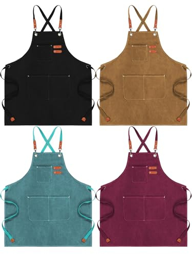 Toulite 4 Pack Canvas Chef Apron for Men with Adjustable Strap Cross Back Cotton Barber Apron with Pocket, 26 x 30''(Camel, Black, Brick Red, Emerald)