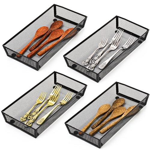 Elsjoy 4 Pack Metal Cutlery Drawer Organizer, 12 Inch Mesh Flatware Organizers Kitchen Utensil Desk Drawer Organizers, Silverware Drawer Organizer Cutlery Tray for Spoon, Knife, Fork