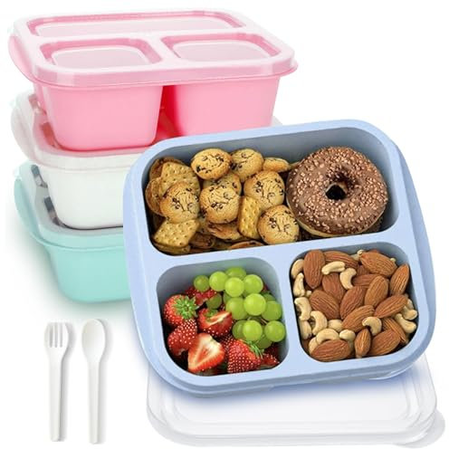 MEEYUU Snack Containers, Reusable 4 Divided Compartments Bento Snack Box Meal Prep Containers with Snacks, Fruits, Nuts, Cookies, Candies (Green/Blue/Pink/White)