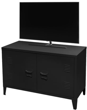 Meublorama Meuble TV Style Industriel avec 2 Portes en métal – Dimensions 100x40x53 cm, Coloris Noir
