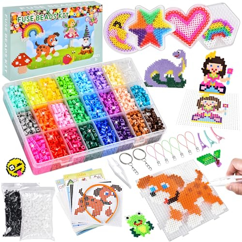 DazSpirit 6300 Cuentas para Planchar para Niños, 26 Colores Kit de Manualidades con Cuentas Fusibles con Tableros Perforados, Papeles de Planchar, Pinzas, Guía de Patrones, Cuentas Planchar Navidad