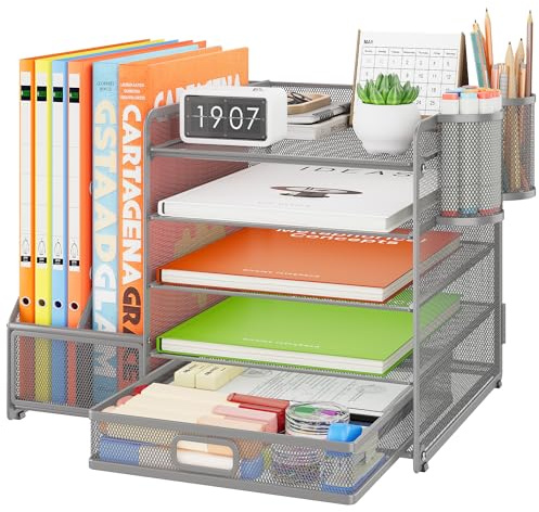 VITVITI Schreibtisch Organizer, 5 Ebenen Briefablage mit Schubladen, Aktenhalter mit 2 Stiftehalter, Büro Organizer mit Stehsammlere, Bürobedarf für A4 Dokumentenablag (Grau)