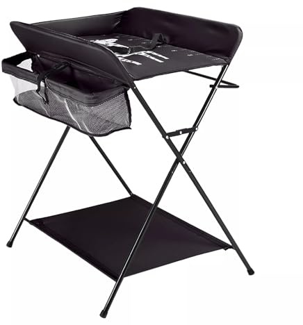 Wickeltisch Klappbar, Höhenverstellbare Wickelkommode Belastung 15 Kg, Baby Wickelkombi Mit Sicherheitsgurt UndAblagefächern, Changing Table Platzsparend, Schwarz